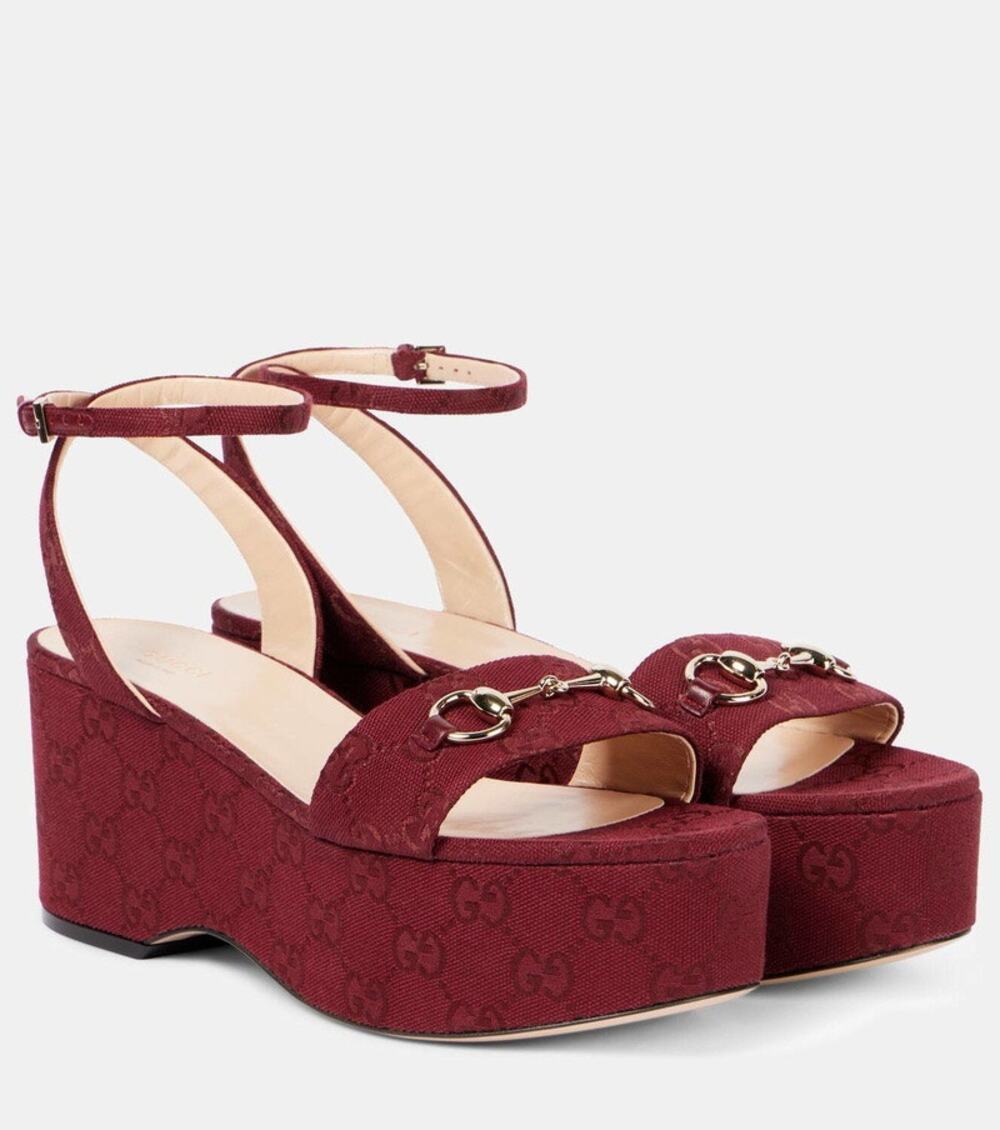Gucci Lady Horsebit Burgundy GG Canvas Platform Wedge Sandals Size 39